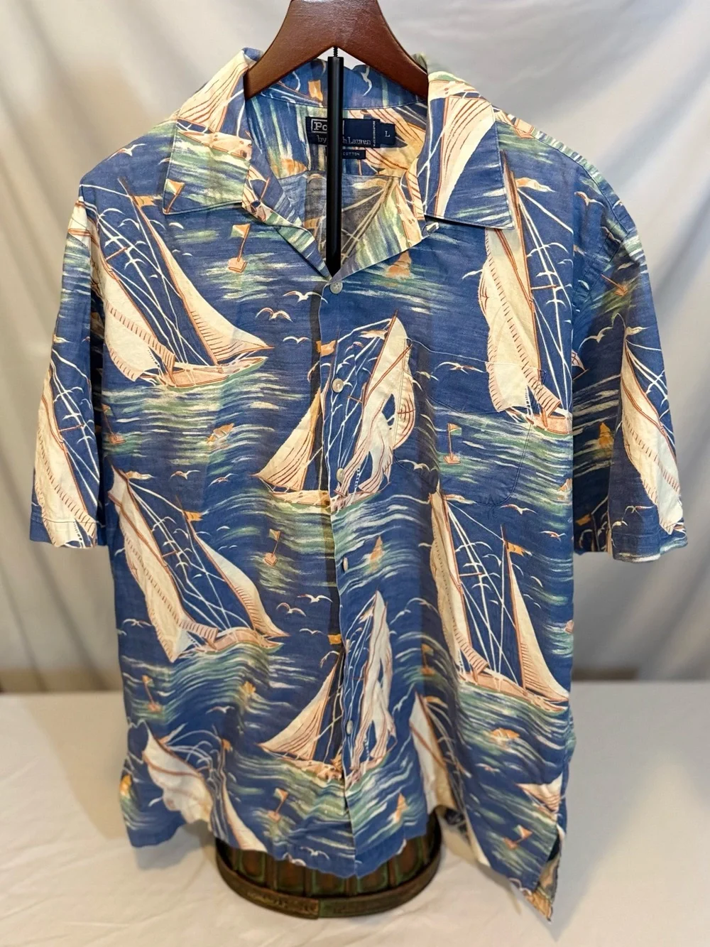 Polo Ralph Lauren Vintage Camp Shirt Men’s Lg Blue Nautical Short Sleeve (HH26)